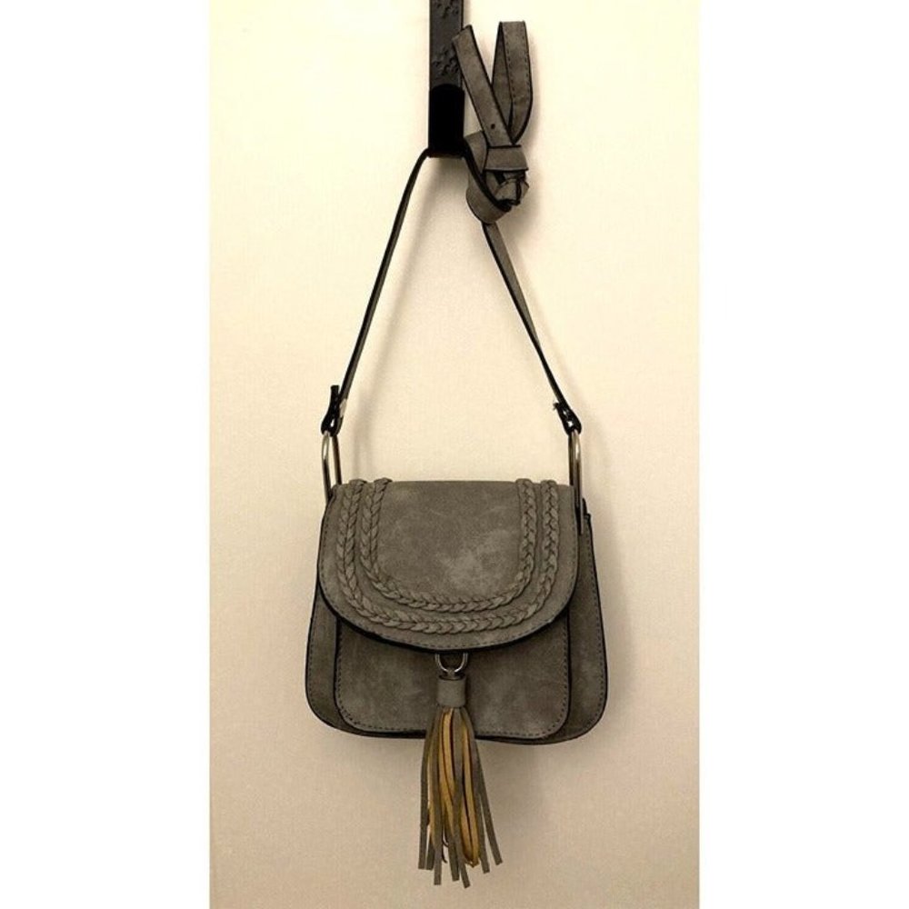 Purse Handbag 8.5"x7"x4.5" Gray Faux Leather Adjustable Shoulder Strap w/ Tassel